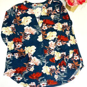 Kori Teal V-Neck Floral Pullover Tunic with 3/4 Ruched Sleeves Size Medium